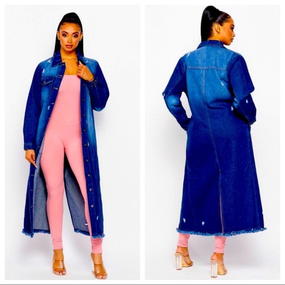 NEW FALL TRENDY BUTTON‎ DOWN DARK WASH DENIM LONG JACKET - Picture 1 of 6